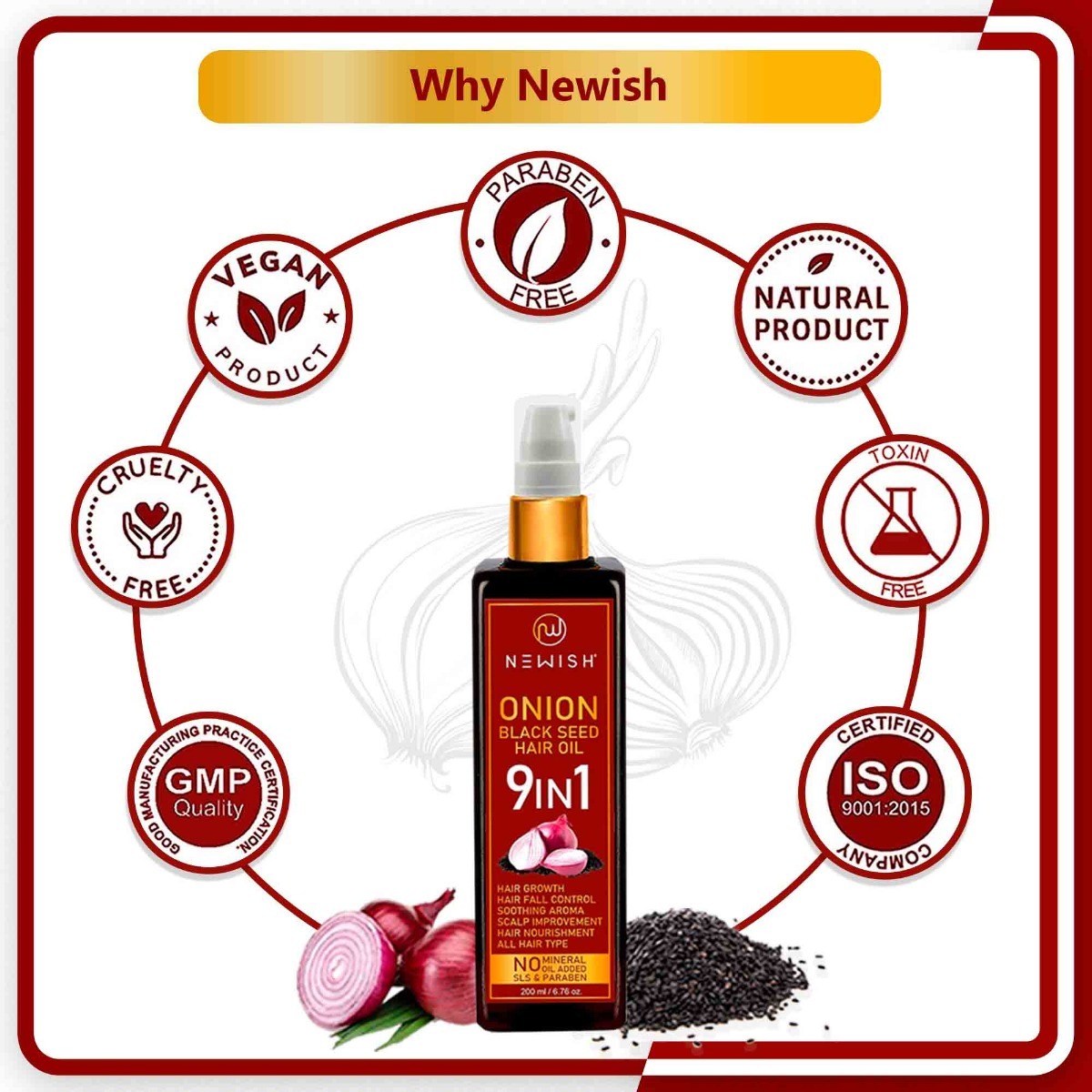 Newish 9 in 1 Onion Black Seed Hair Oil, 200 ml, Pack of 1 Newish 9 in 1 Onion Black Seed Hair Oil, 200 ml, Pack of 1