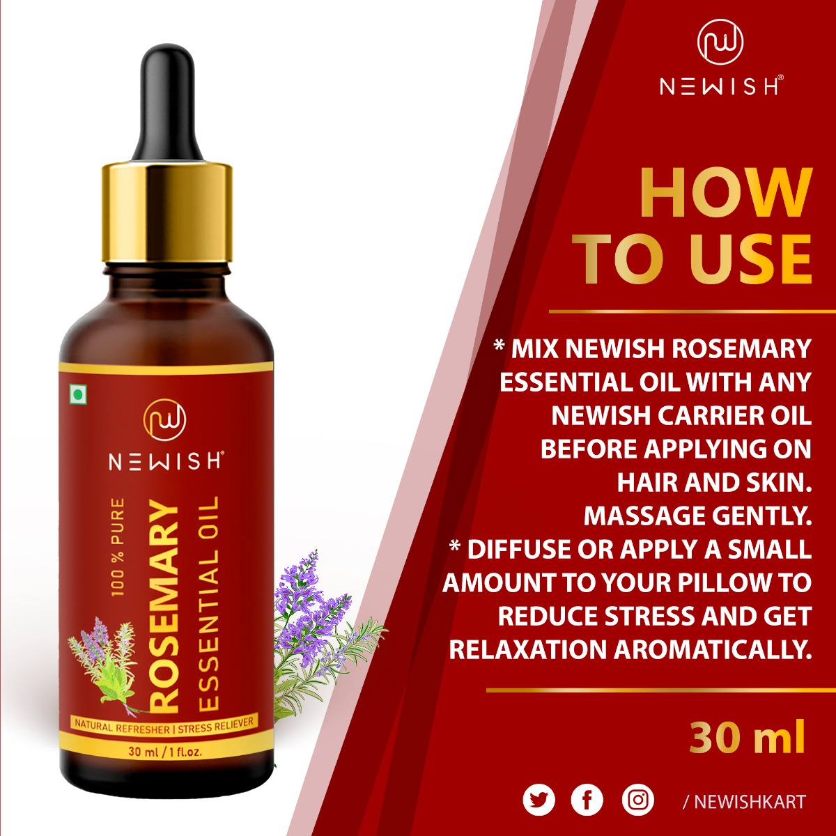 Newish 100% Pure Rosemary Essential Oil, 30 ml, Pack of 1 Newish 100% Pure Rosemary Essential Oil, 30 ml, Pack of 1