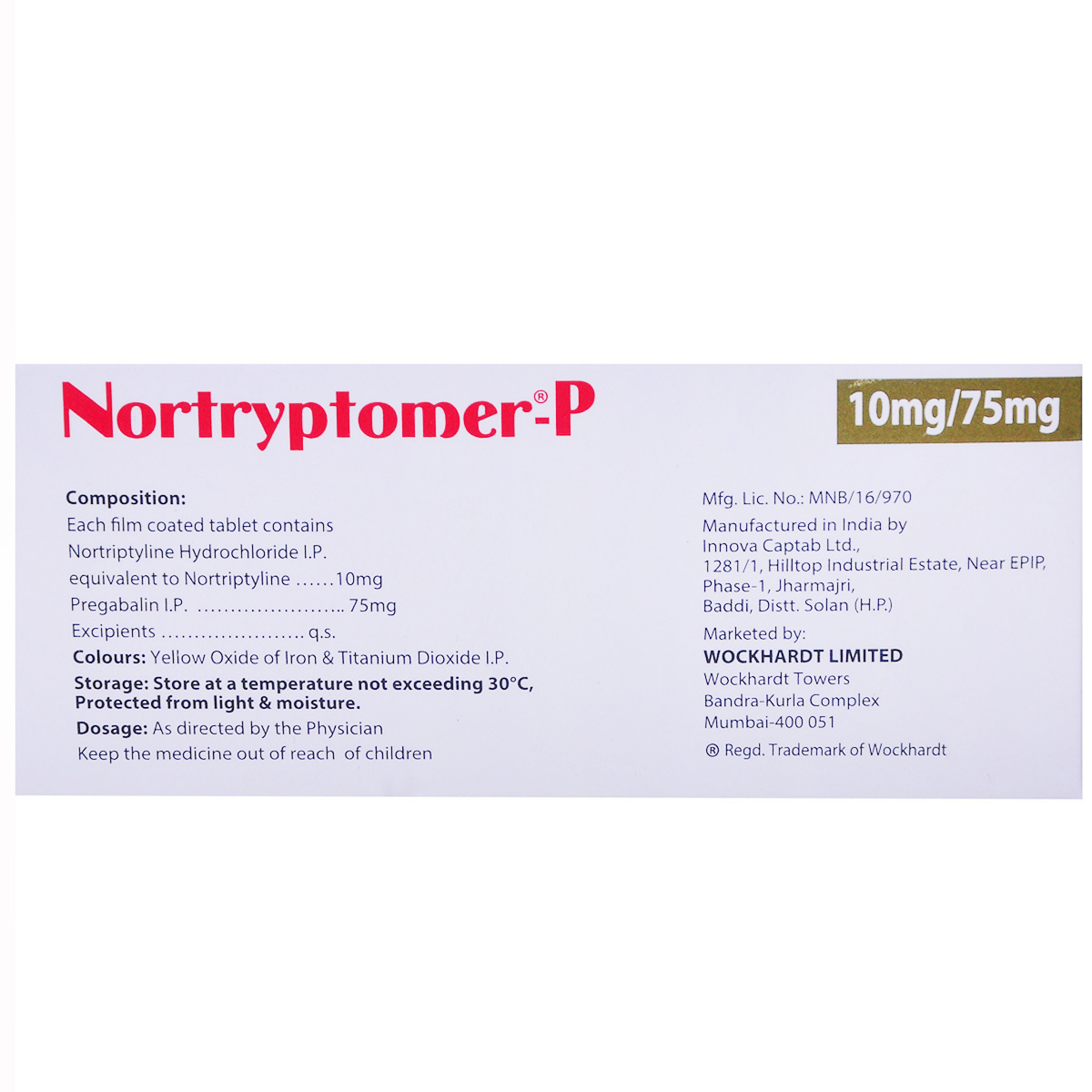 Nortryptomer-P 10 mg/75 mg Tablet 10's, Pack of 10 Nortryptomer-P 10 mg/75 mg Tablet 10's, Pack of 10