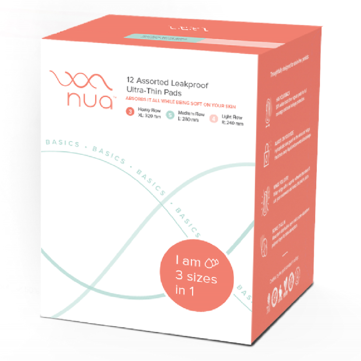 Nua Leakproof Ultra Thin Sanitary Pads with Disposable Covers, 12 Count (3XL-5L-4R), Pack of 1 Nua Leakproof Ultra Thin Sanitary Pads with Disposable Covers, 12 Count (3XL-5L-4R), Pack of 1