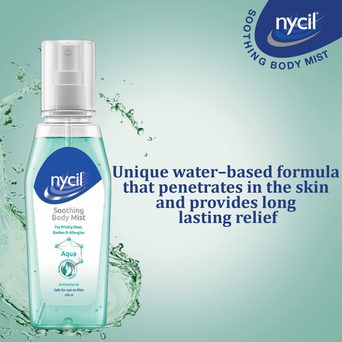 Nycil Aqua Soothing Body Mist 100 ml | For Prickley Heat, Rashes & Allergies | Antibacterial Formula, Pack of 1 Nycil Aqua Soothing Body Mist 100 ml | For Prickley Heat, Rashes & Allergies | Antibacterial Formula, Pack of 1