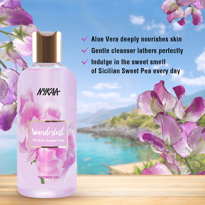 Nykaa Wanderlust Sicilian Sweet Pea Shower Gel 300 ml | Everyday Gentle Cleanser, Pack of 1 Nykaa Wanderlust Sicilian Sweet Pea Shower Gel 300 ml | Everyday Gentle Cleanser, Pack of 1