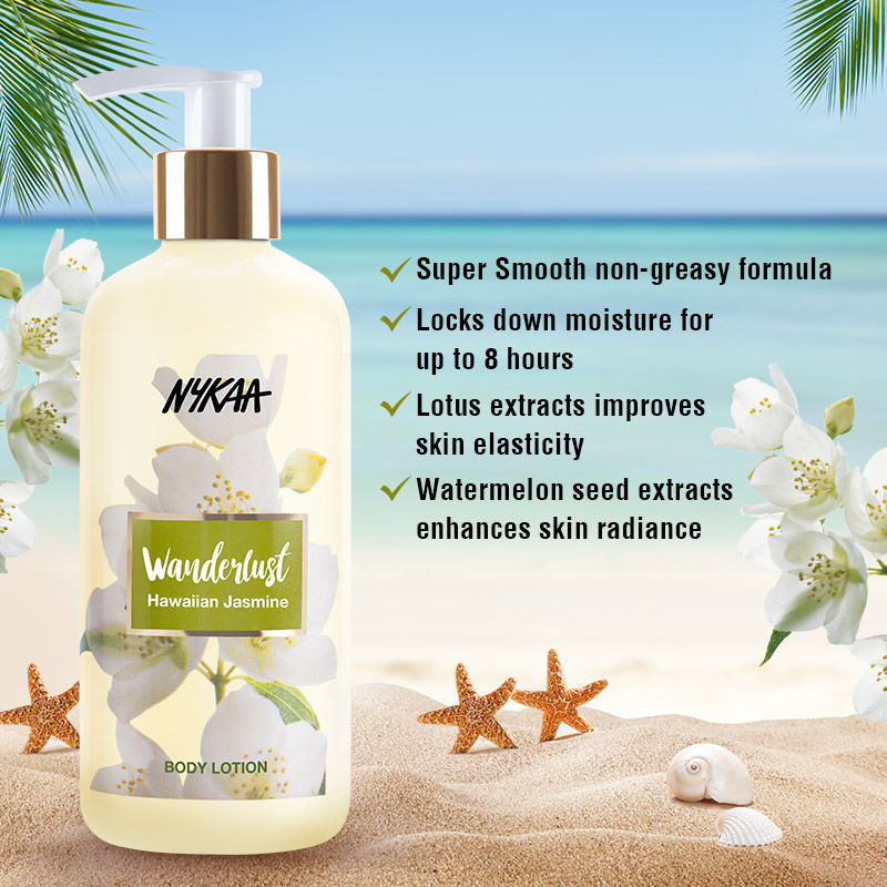 Nykaa Wanderlust Hawaiian Jasmine Body Lotion 300 ml | Moisture Lock Upto 8Hrs | Non Greasy Formula, Pack of 1 Nykaa Wanderlust Hawaiian Jasmine Body Lotion 300 ml | Moisture Lock Upto 8Hrs | Non Greasy Formula, Pack of 1