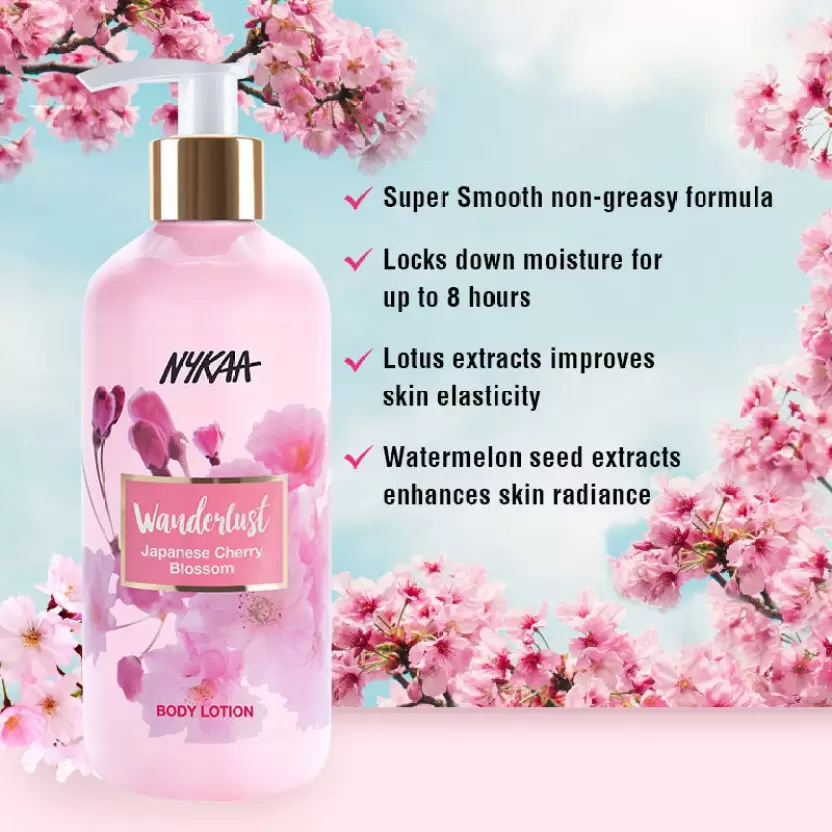 Nykaa Wanderlust Japanese Cherry Blossom Body Lotion 300 ml | Moisture Lock Upto 8Hrs | Non Greasy Formula, Pack of 1 Nykaa Wanderlust Japanese Cherry Blossom Body Lotion 300 ml | Moisture Lock Upto 8Hrs | Non Greasy Formula, Pack of 1