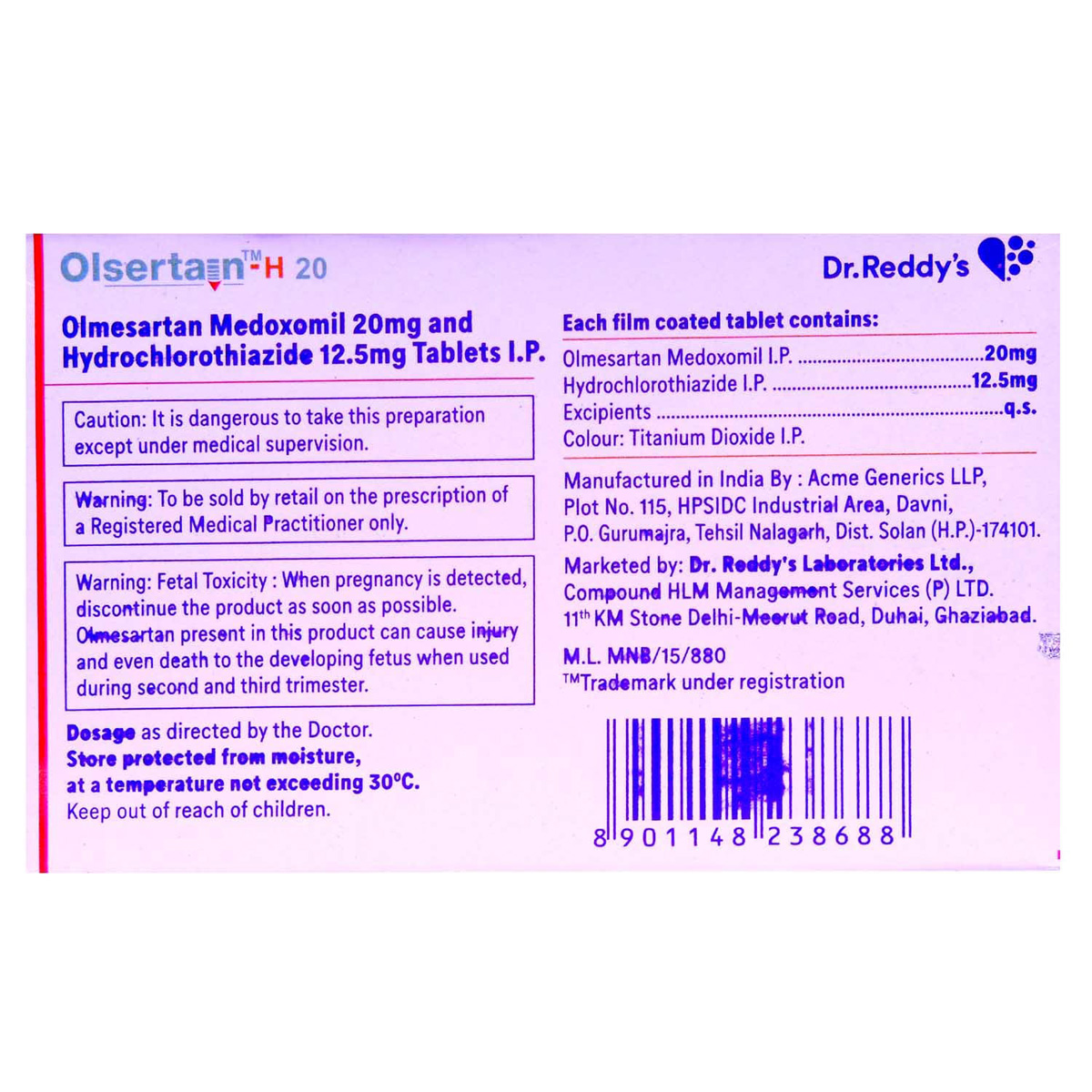 Olsertain-H 20 Tablet 15's, Pack of 15 TABLETS Olsertain-H 20 Tablet 15's, Pack of 15 TABLETS