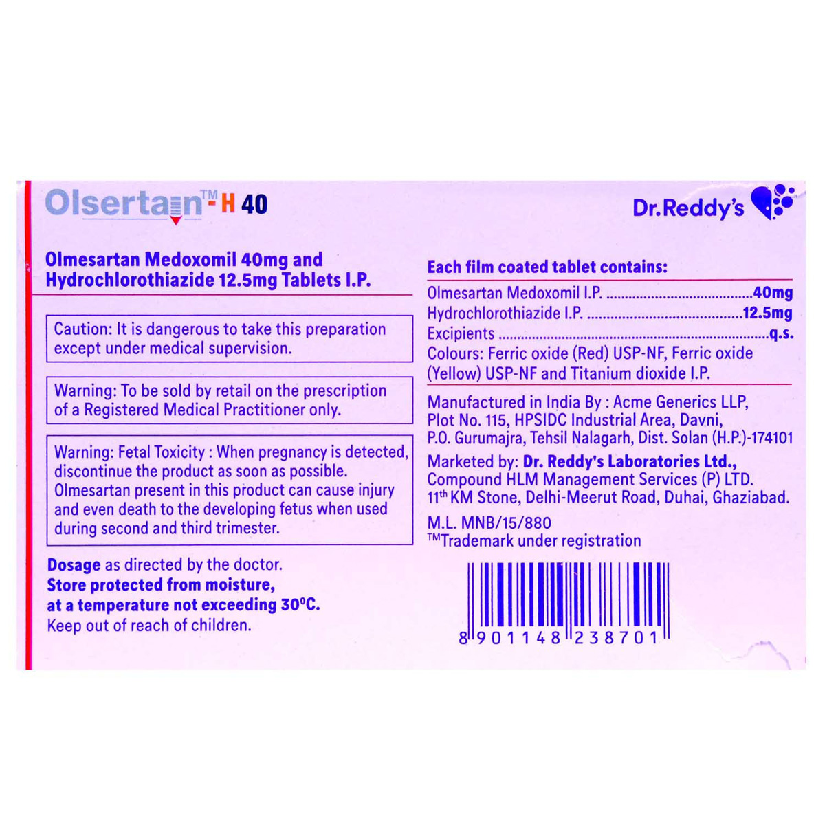 Olsertain-H 40 Tablet 15's, Pack of 15 TABLETS Olsertain-H 40 Tablet 15's, Pack of 15 TABLETS