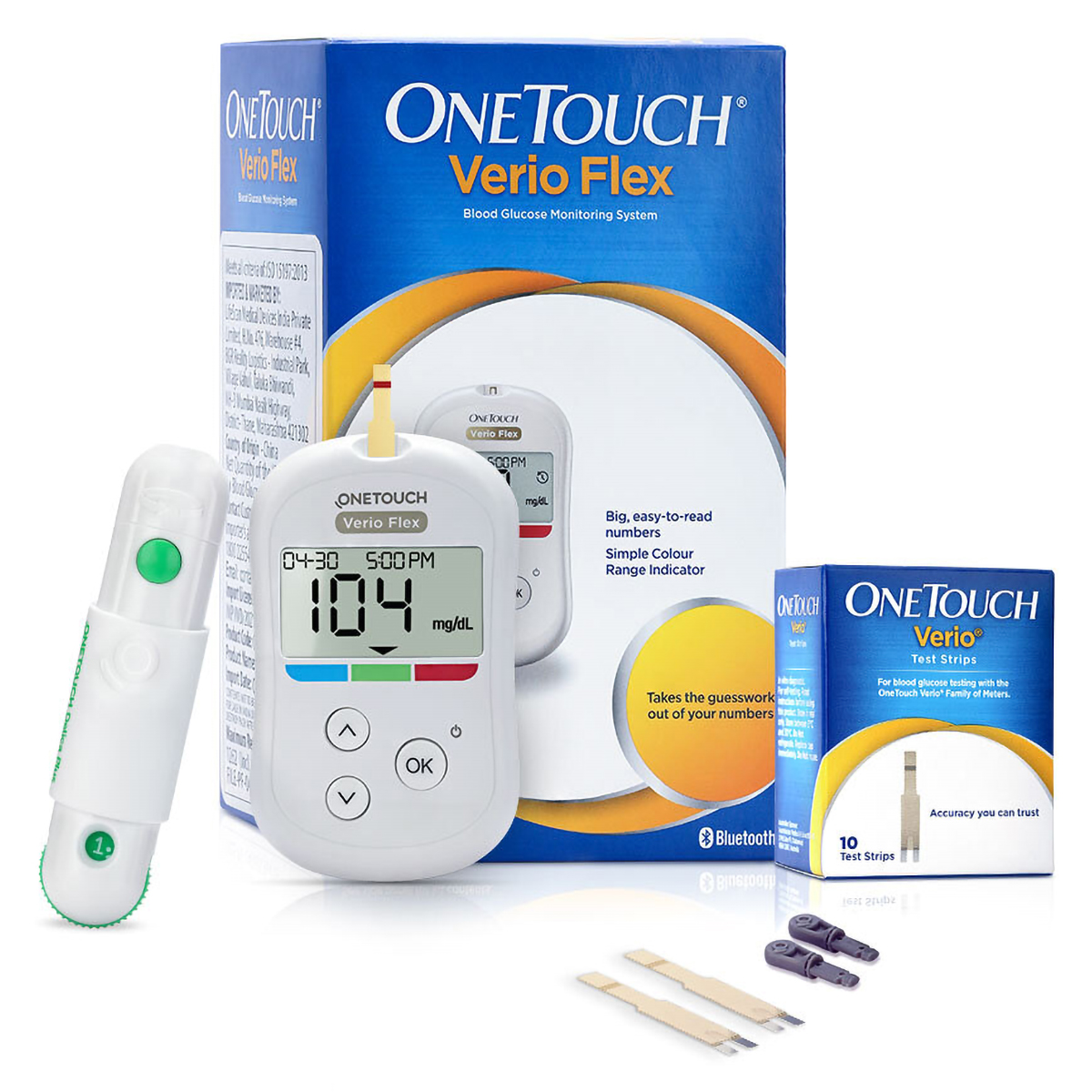 OneTouch Verio Flex Blood Glucose Monitor with OneTouch Reveal Mobile Application (FREE 10 Strips + Lancing device + 10 Lancets), 1 Kit, Pack of 1 OneTouch Verio Flex Blood Glucose Monitor with OneTouch Reveal Mobile Application (FREE 10 Strips + Lancing device + 10 Lancets), 1 Kit, Pack of 1