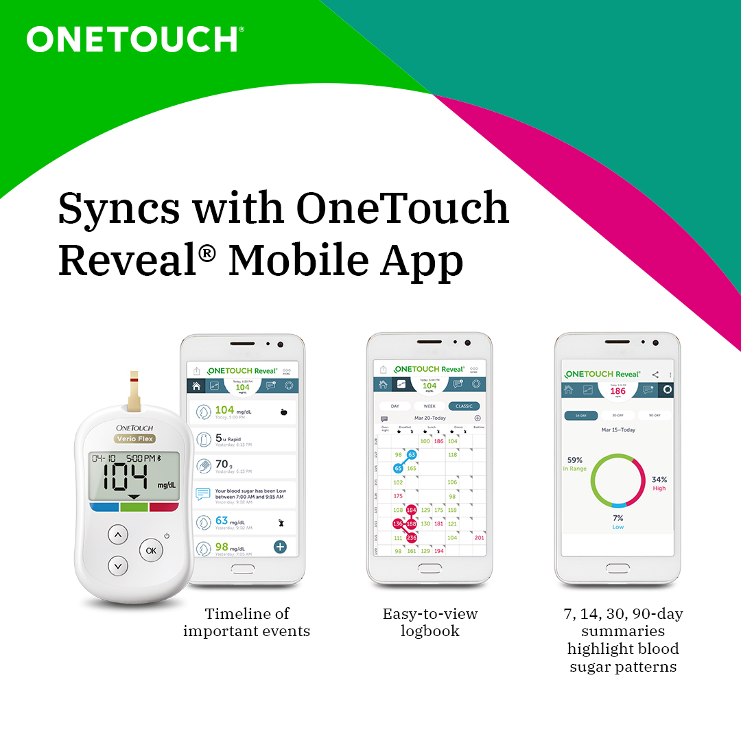 OneTouch Verio Flex Blood Glucose Monitor with OneTouch Reveal Mobile Application (FREE 10 Strips + Lancing device + 10 Lancets), 1 Kit, Pack of 1 OneTouch Verio Flex Blood Glucose Monitor with OneTouch Reveal Mobile Application (FREE 10 Strips + Lancing device + 10 Lancets), 1 Kit, Pack of 1