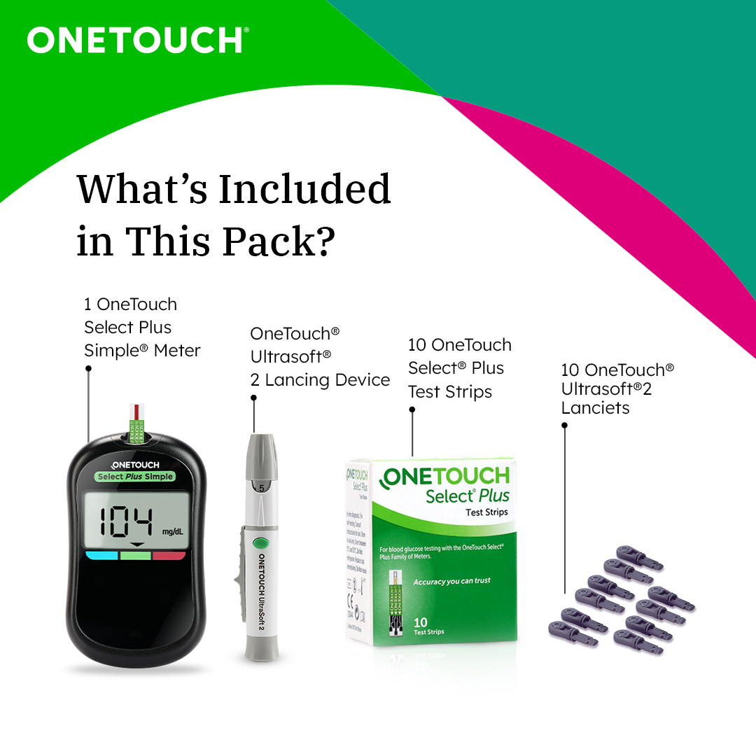 OneTouch Select Plus Simple Glucometer (Free 10 strips + Lancing Device + 25 Lancets), 1 Kit, Pack of 1 OneTouch Select Plus Simple Glucometer (Free 10 strips + Lancing Device + 25 Lancets), 1 Kit, Pack of 1