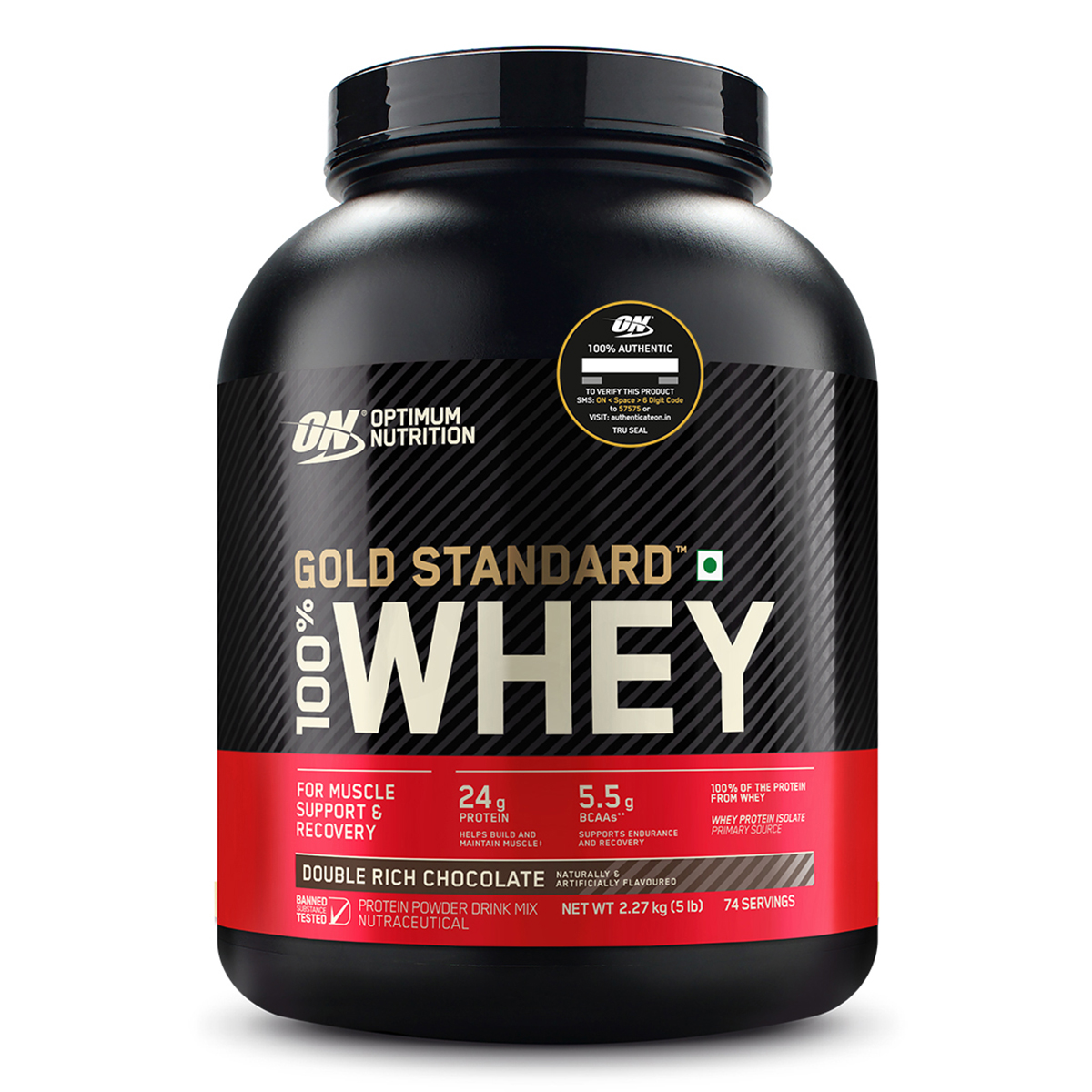 Optimum Nutrition (ON) Gold Standard 100% Whey Protein Double Rich Chocolate Flavour Powder, 5 lb, Pack of 1