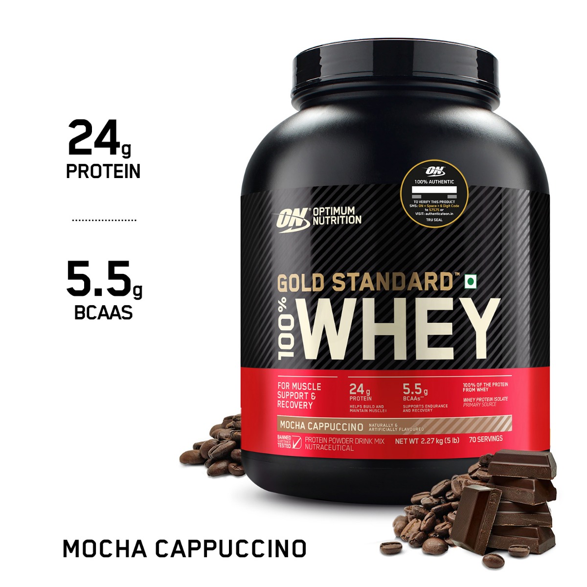 Optimum Nutrition (ON) Gold Standard 100% Whey Protein Mocha Cappuccino Flavour Powder, 5 lb, Pack of 1 Optimum Nutrition (ON) Gold Standard 100% Whey Protein Mocha Cappuccino Flavour Powder, 5 lb, Pack of 1