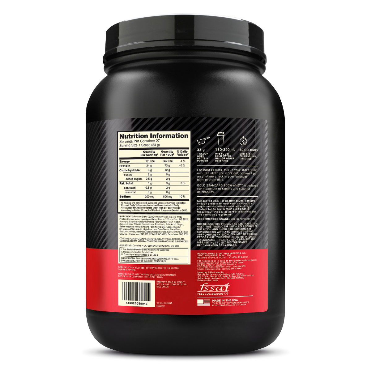 Optimum Nutrition (ON) Gold Standard 100% Whey Protein Cookies & Cream Flavour Powder, 907 gm, Pack of 1 Optimum Nutrition (ON) Gold Standard 100% Whey Protein Cookies & Cream Flavour Powder, 907 gm, Pack of 1