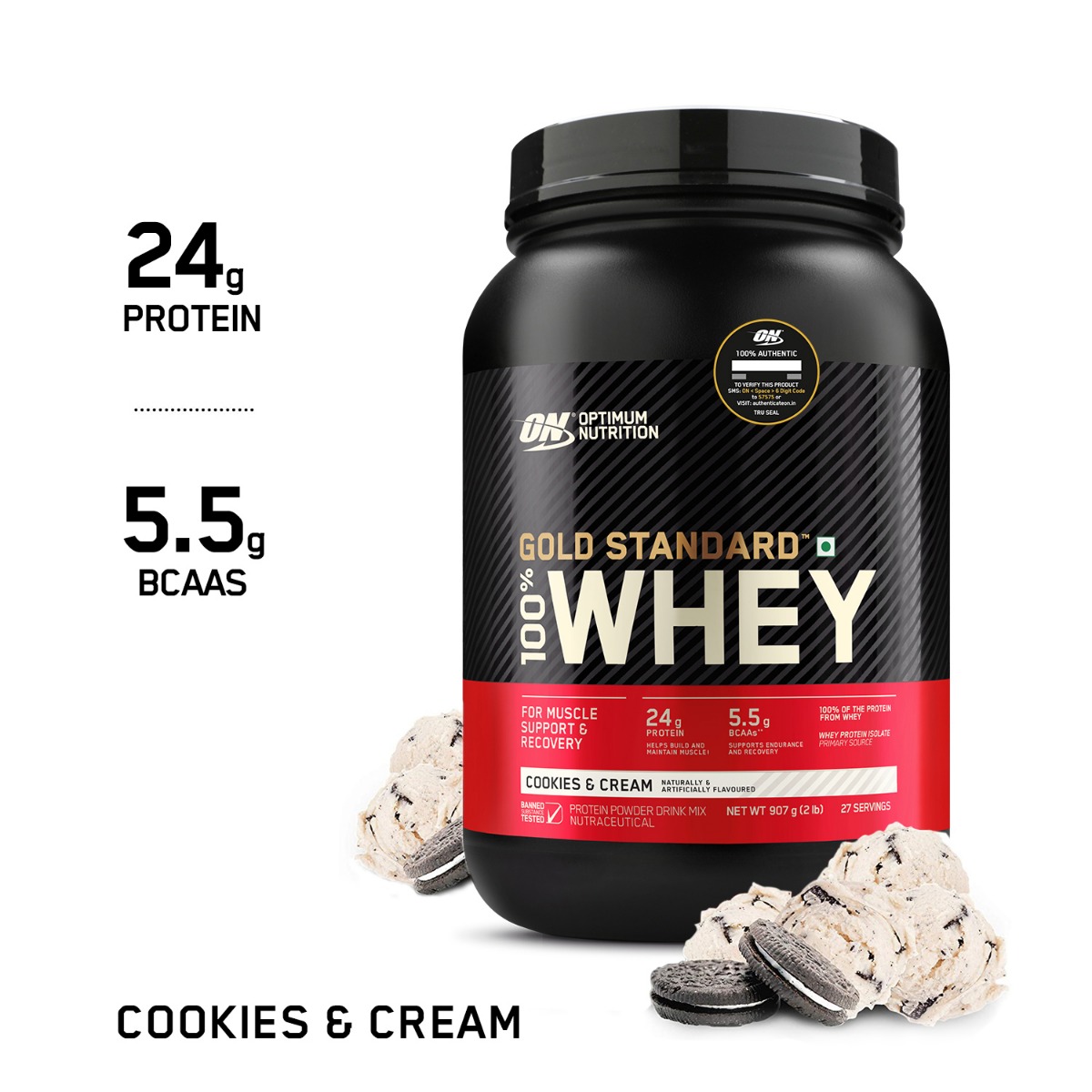 Optimum Nutrition (ON) Gold Standard 100% Whey Protein Cookies & Cream Flavour Powder, 907 gm, Pack of 1 Optimum Nutrition (ON) Gold Standard 100% Whey Protein Cookies & Cream Flavour Powder, 907 gm, Pack of 1
