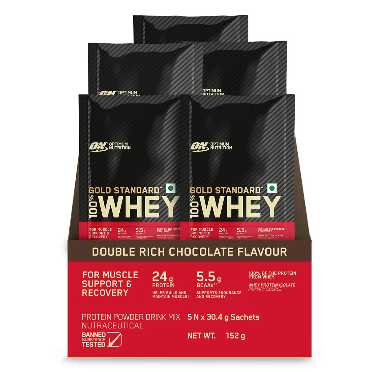 Optimum Nutrition (ON) Gold Standard 100% Whey Protein Double Rich Chocolate Flavour Powder, 5 Sachets x 30.4 gm, Pack of 1 Optimum Nutrition (ON) Gold Standard 100% Whey Protein Double Rich Chocolate Flavour Powder, 5 Sachets x 30.4 gm, Pack of 1