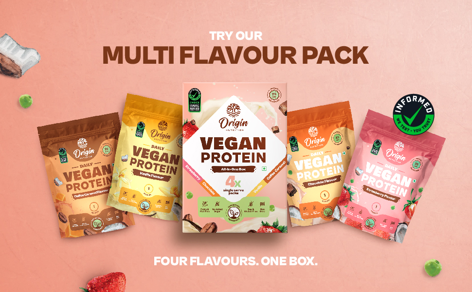 Origin Nutrition 100% Natural Vegan Protein Four Delicious Flavour Powder, 155.4 gm, Pack of 1 Origin Nutrition 100% Natural Vegan Protein Four Delicious Flavour Powder, 155.4 gm, Pack of 1