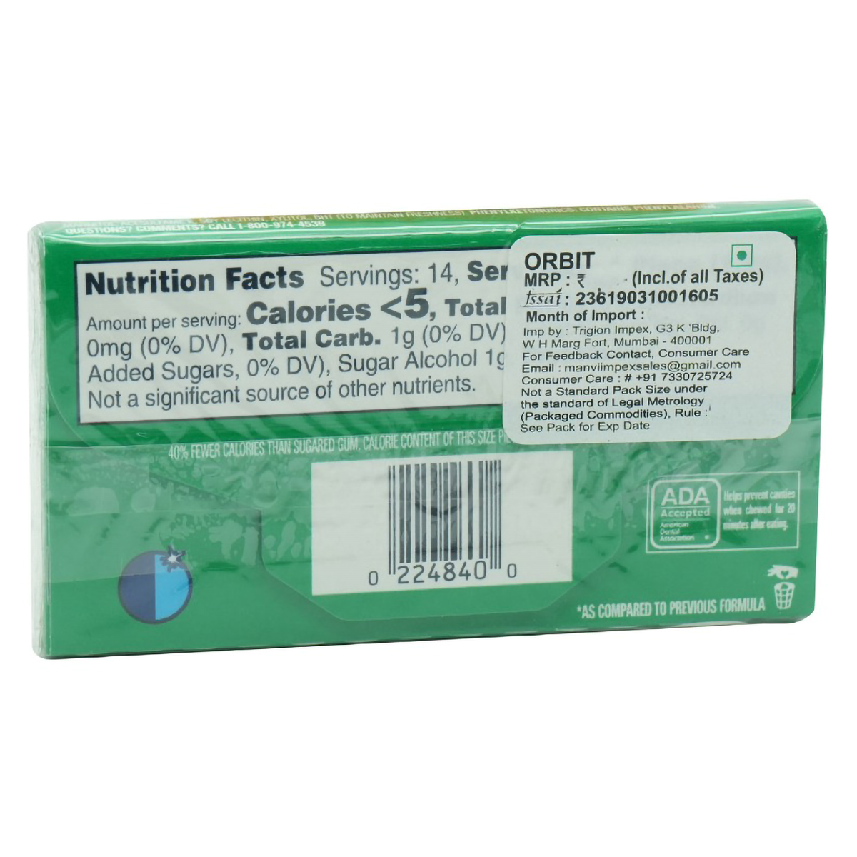 Orbit Spearmint Flavour Sugarfree Gums, 14 Count, Pack of 1 Orbit Spearmint Flavour Sugarfree Gums, 14 Count, Pack of 1