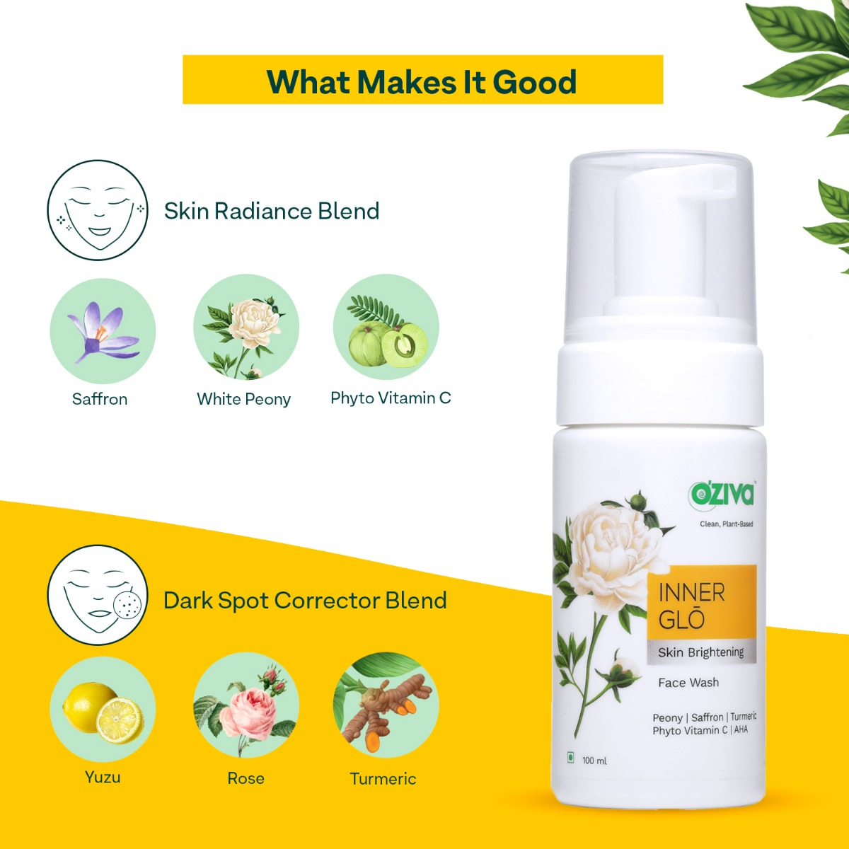 OZiva Inner Glo Skin Brightening Gel Face Wash 100 ml | White Peony Extract, Saffron, Turmeric, Phyto Vitamin C, AHA | Gentle Exfoliation | Increase Radiance | Gives Even Skin Tone | For Men & Women | For All Skin Type, Pack of 1 OZiva Inner Glo Skin Brightening Gel Face Wash 100 ml | White Peony Extract, Saffron, Turmeric, Phyto Vitamin C, AHA | Gentle Exfoliation | Increase Radiance | Gives Even Skin Tone | For Men & Women | For All Skin Type, Pack of 1