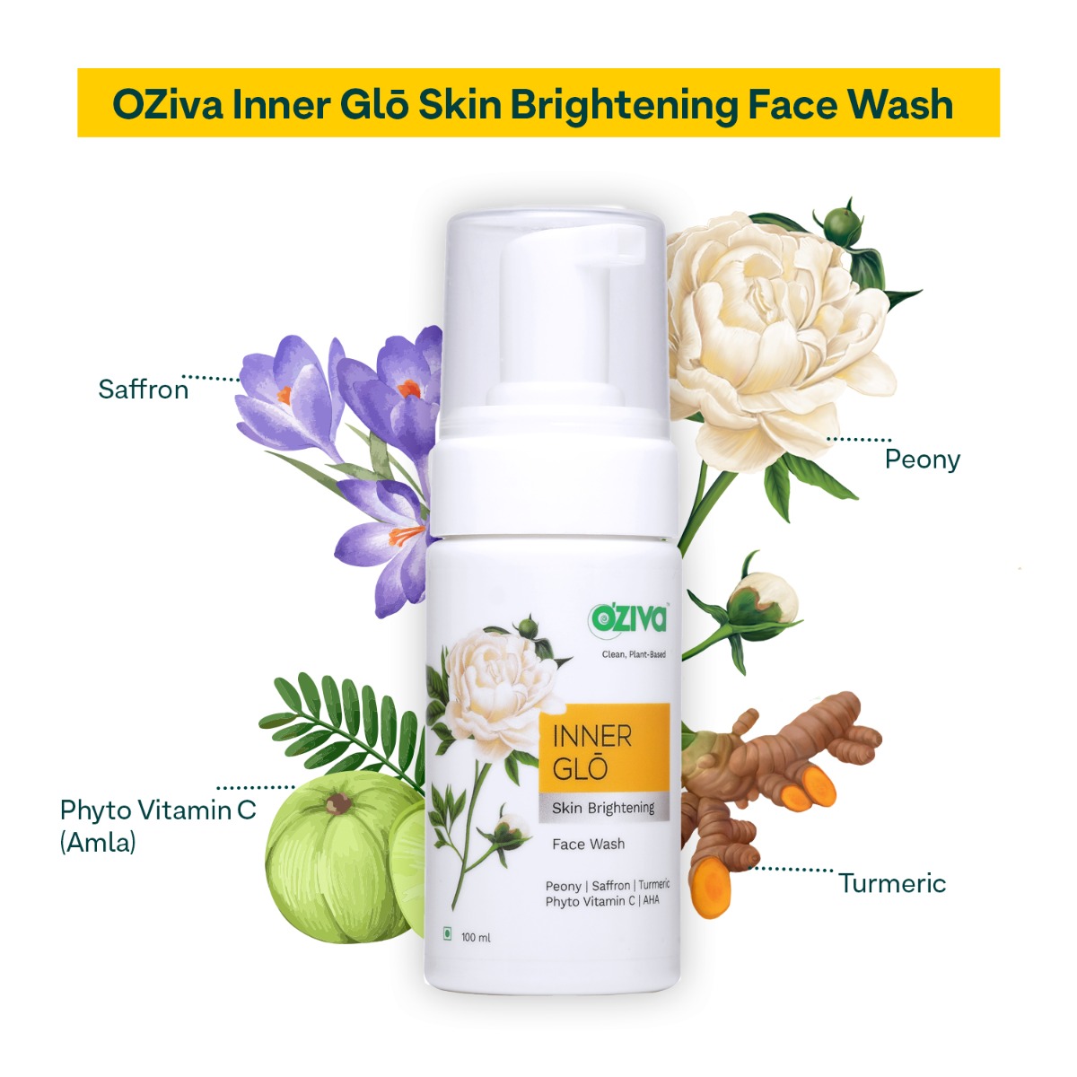 OZiva Inner Glo Skin Brightening Gel Face Wash 100 ml | White Peony Extract, Saffron, Turmeric, Phyto Vitamin C, AHA | Gentle Exfoliation | Increase Radiance | Gives Even Skin Tone | For Men & Women | For All Skin Type, Pack of 1 OZiva Inner Glo Skin Brightening Gel Face Wash 100 ml | White Peony Extract, Saffron, Turmeric, Phyto Vitamin C, AHA | Gentle Exfoliation | Increase Radiance | Gives Even Skin Tone | For Men & Women | For All Skin Type, Pack of 1