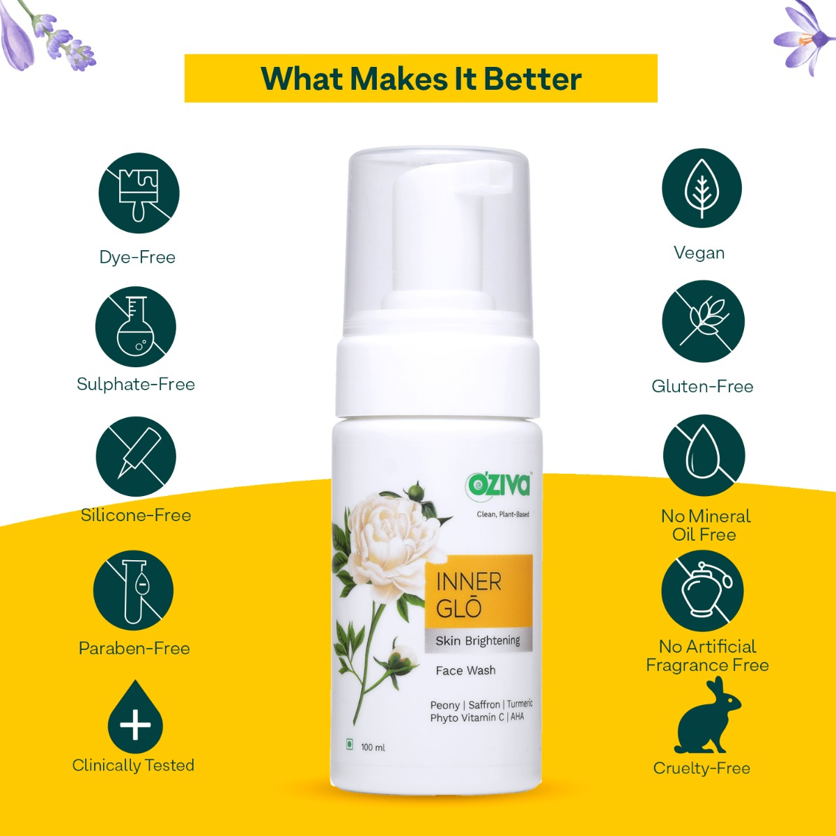 OZiva Inner Glo Skin Brightening Gel Face Wash 100 ml | White Peony Extract, Saffron, Turmeric, Phyto Vitamin C, AHA | Gentle Exfoliation | Increase Radiance | Gives Even Skin Tone | For Men & Women | For All Skin Type, Pack of 1 OZiva Inner Glo Skin Brightening Gel Face Wash 100 ml | White Peony Extract, Saffron, Turmeric, Phyto Vitamin C, AHA | Gentle Exfoliation | Increase Radiance | Gives Even Skin Tone | For Men & Women | For All Skin Type, Pack of 1