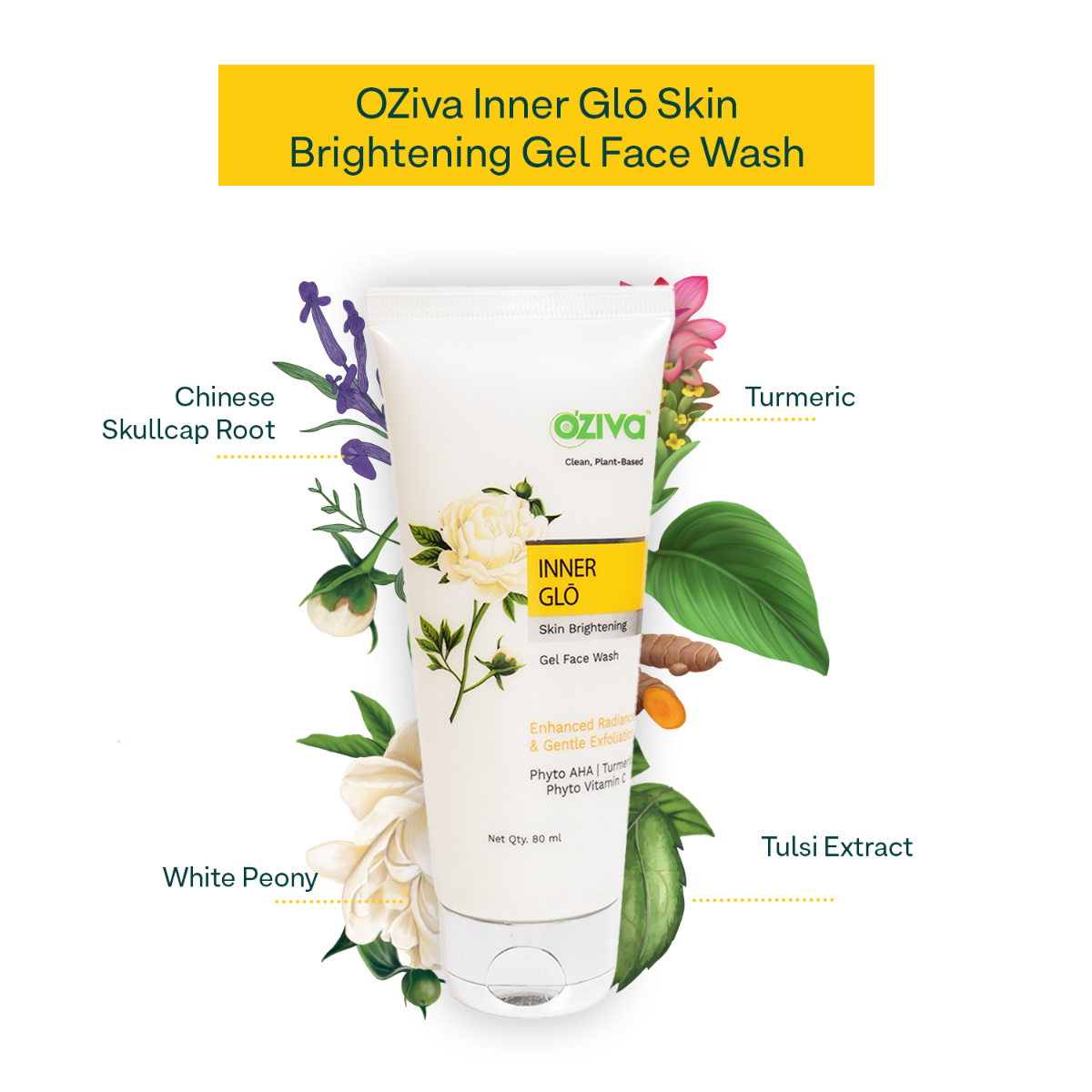 OZiva Inner Glo Skin Brightening Gel Face Wash 80 ml | White Peony Extract, Saffron, Turmeric, Phyto Vitamin C, AHA | Gentle Exfoliation | Increase Radiance | Gives Even Skin Tone | For Men & Women | For All Skin Type, Pack of 1 OZiva Inner Glo Skin Brightening Gel Face Wash 80 ml | White Peony Extract, Saffron, Turmeric, Phyto Vitamin C, AHA | Gentle Exfoliation | Increase Radiance | Gives Even Skin Tone | For Men & Women | For All Skin Type, Pack of 1
