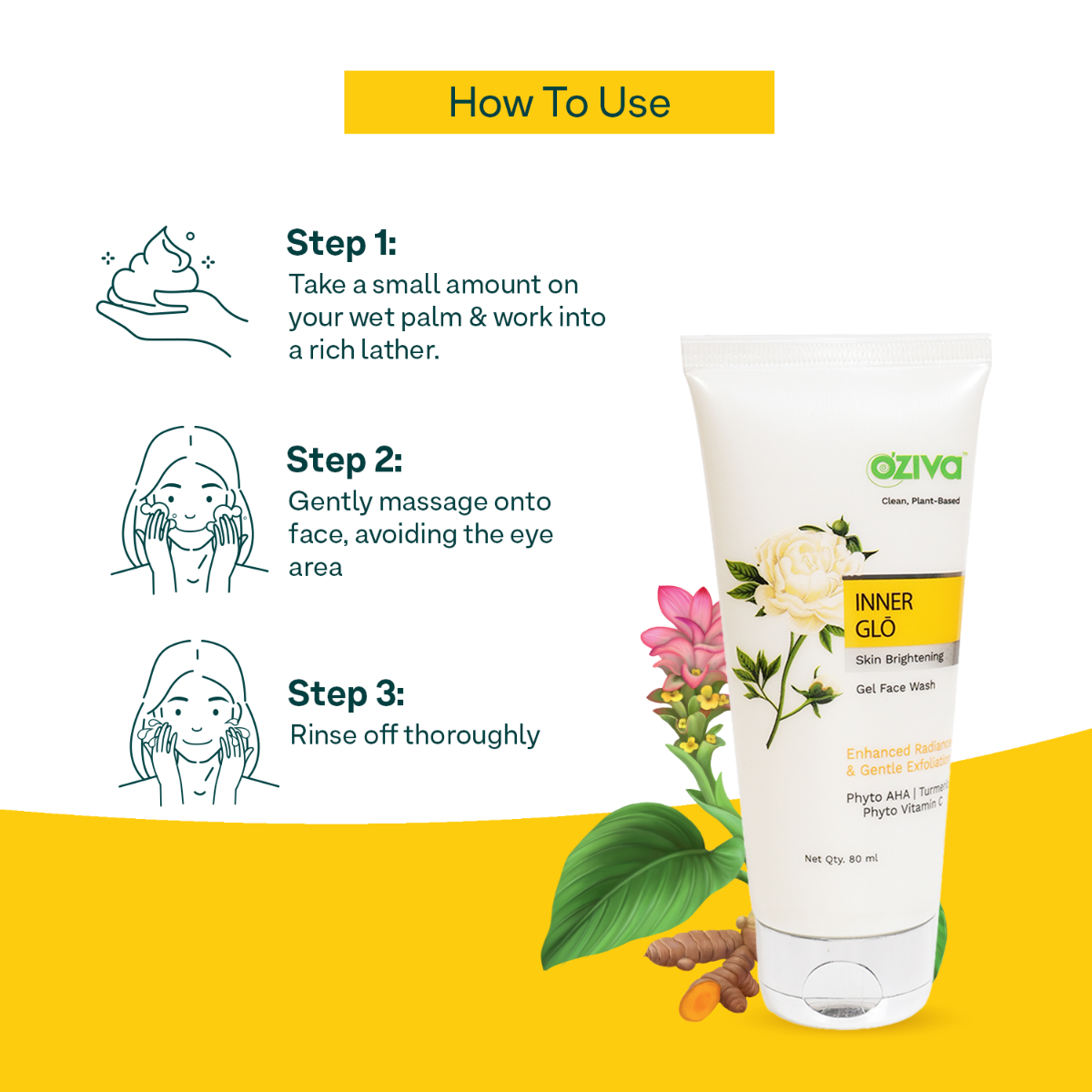 OZiva Inner Glo Skin Brightening Gel Face Wash 80 ml | White Peony Extract, Saffron, Turmeric, Phyto Vitamin C, AHA | Gentle Exfoliation | Increase Radiance | Gives Even Skin Tone | For Men & Women | For All Skin Type, Pack of 1 OZiva Inner Glo Skin Brightening Gel Face Wash 80 ml | White Peony Extract, Saffron, Turmeric, Phyto Vitamin C, AHA | Gentle Exfoliation | Increase Radiance | Gives Even Skin Tone | For Men & Women | For All Skin Type, Pack of 1