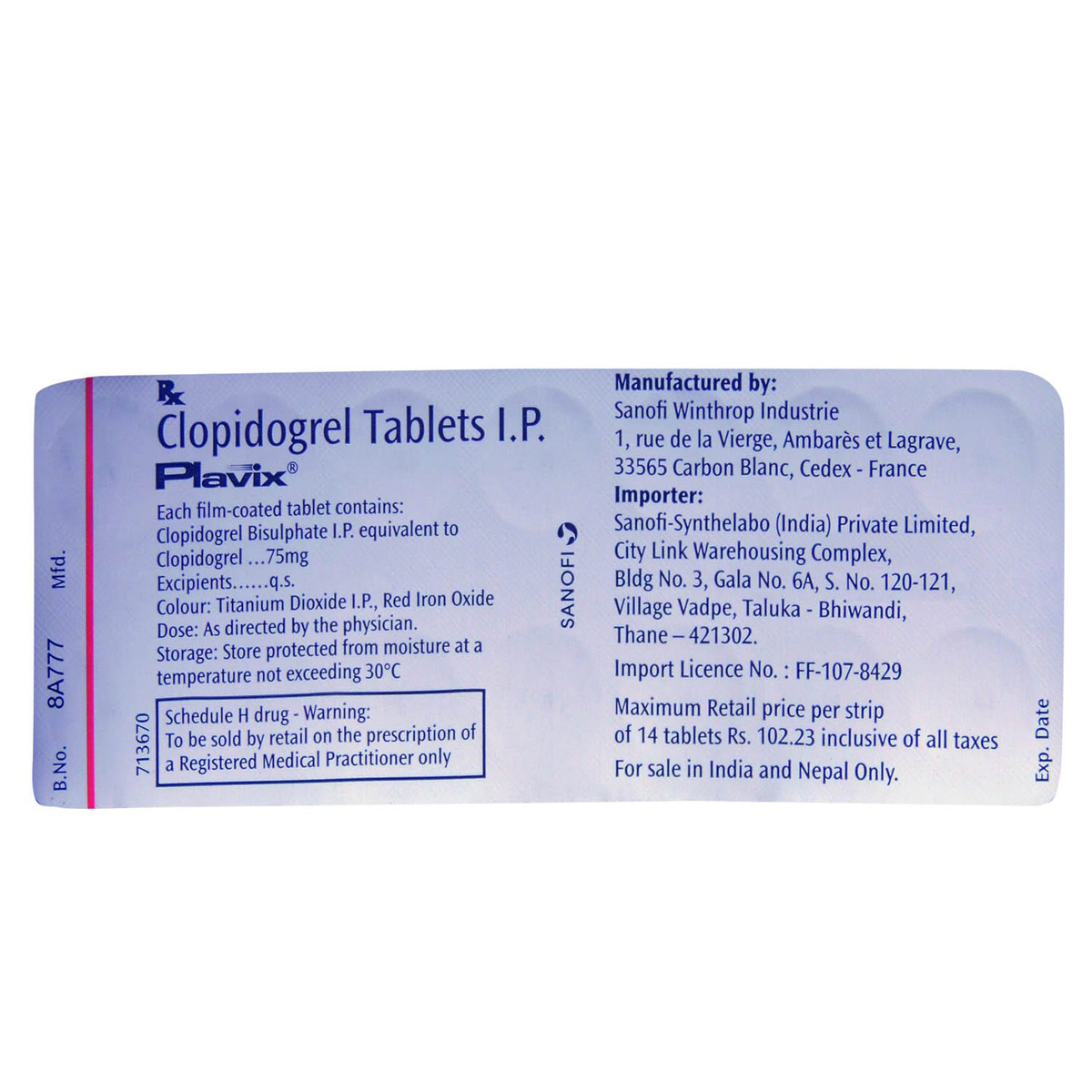 Plavix Tablet 14's, Pack of 14 TABLETS Plavix Tablet 14's, Pack of 14 TABLETS
