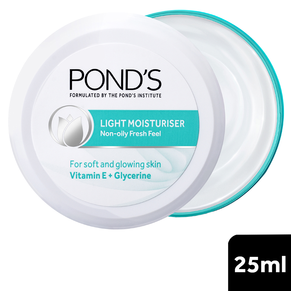 Pond's Light Moisturiser 25 ml | With Vitamin E & Glycerin | For Soft Glowing Skin | Non Oily & Non Sticky Finish | Lightweight Formula | Suitable For All Season, Pack of 1 Pond's Light Moisturiser 25 ml | With Vitamin E & Glycerin | For Soft Glowing Skin | Non Oily & Non Sticky Finish | Lightweight Formula | Suitable For All Season, Pack of 1