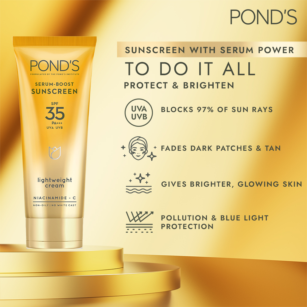 Pond's Serum Boost SPF 35 PA++++ Lightweight Sunscreen cream, 50 gm, Pack of 1 Pond's Serum Boost SPF 35 PA++++ Lightweight Sunscreen cream, 50 gm, Pack of 1
