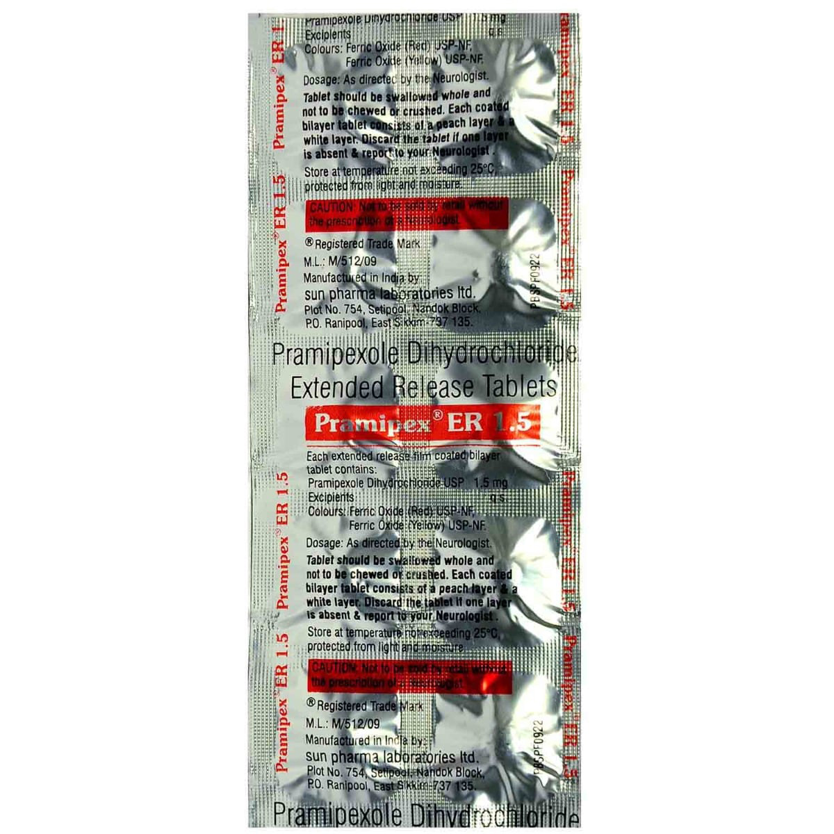 Pramipex ER 1.5 Tablet 10's, Pack of 10 TABLETS Pramipex ER 1.5 Tablet 10's, Pack of 10 TABLETS