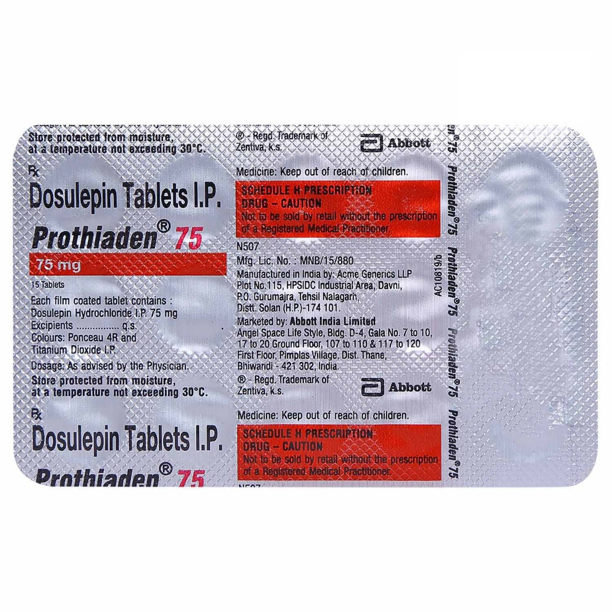 Prothiaden 75 mg Tablet 15's, Pack of 15 TABLETS Prothiaden 75 mg Tablet 15's, Pack of 15 TABLETS