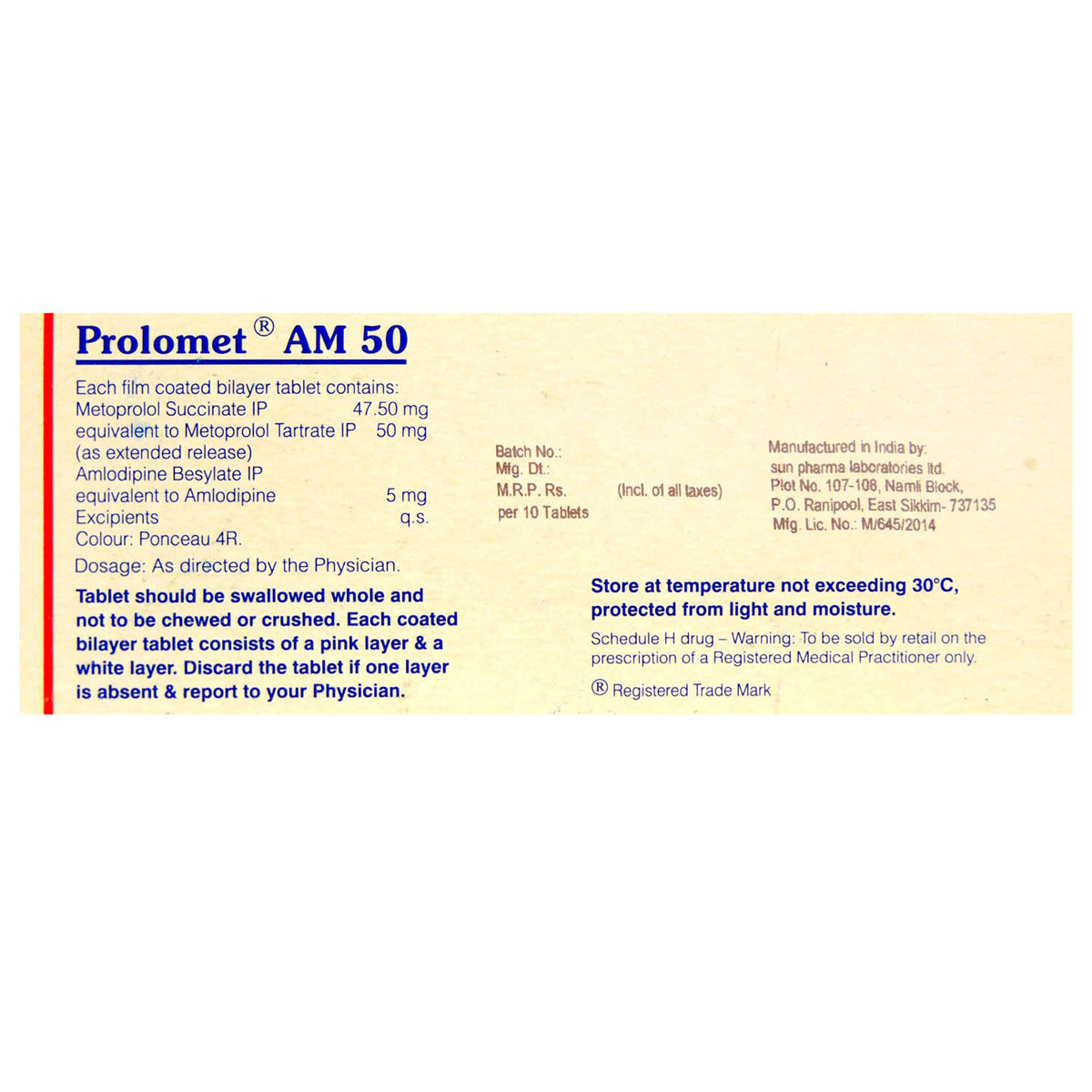 Prolomet AM 50 Tablet 10's, Pack of 10 TABLETS Prolomet AM 50 Tablet 10's, Pack of 10 TABLETS