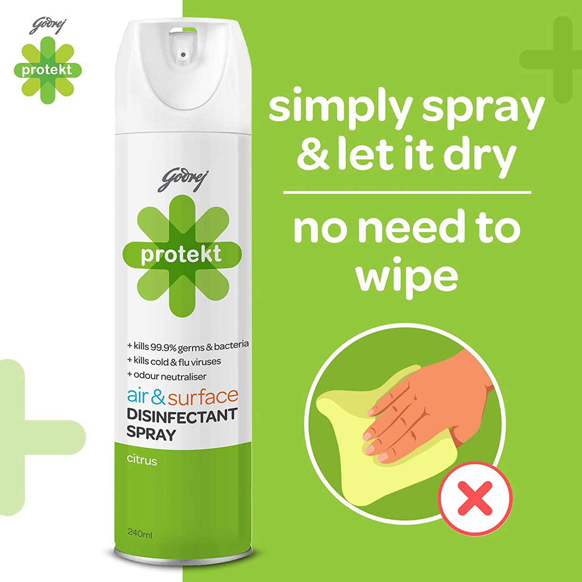 Godrej Protekt Air & Surface Disinfectant Citrus Spray, 240 ml Godrej Protekt Air & Surface Disinfectant Citrus Spray, 240 ml