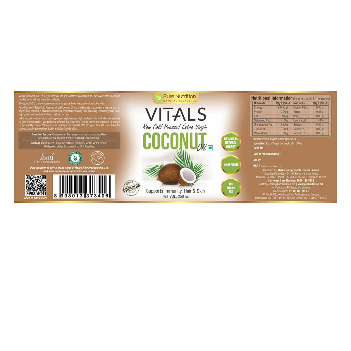 Pure Nutrition Vitals Raw Cold Pressed Extra Virgin Coconut Oil, 250 ml, Pack of 1 Pure Nutrition Vitals Raw Cold Pressed Extra Virgin Coconut Oil, 250 ml, Pack of 1