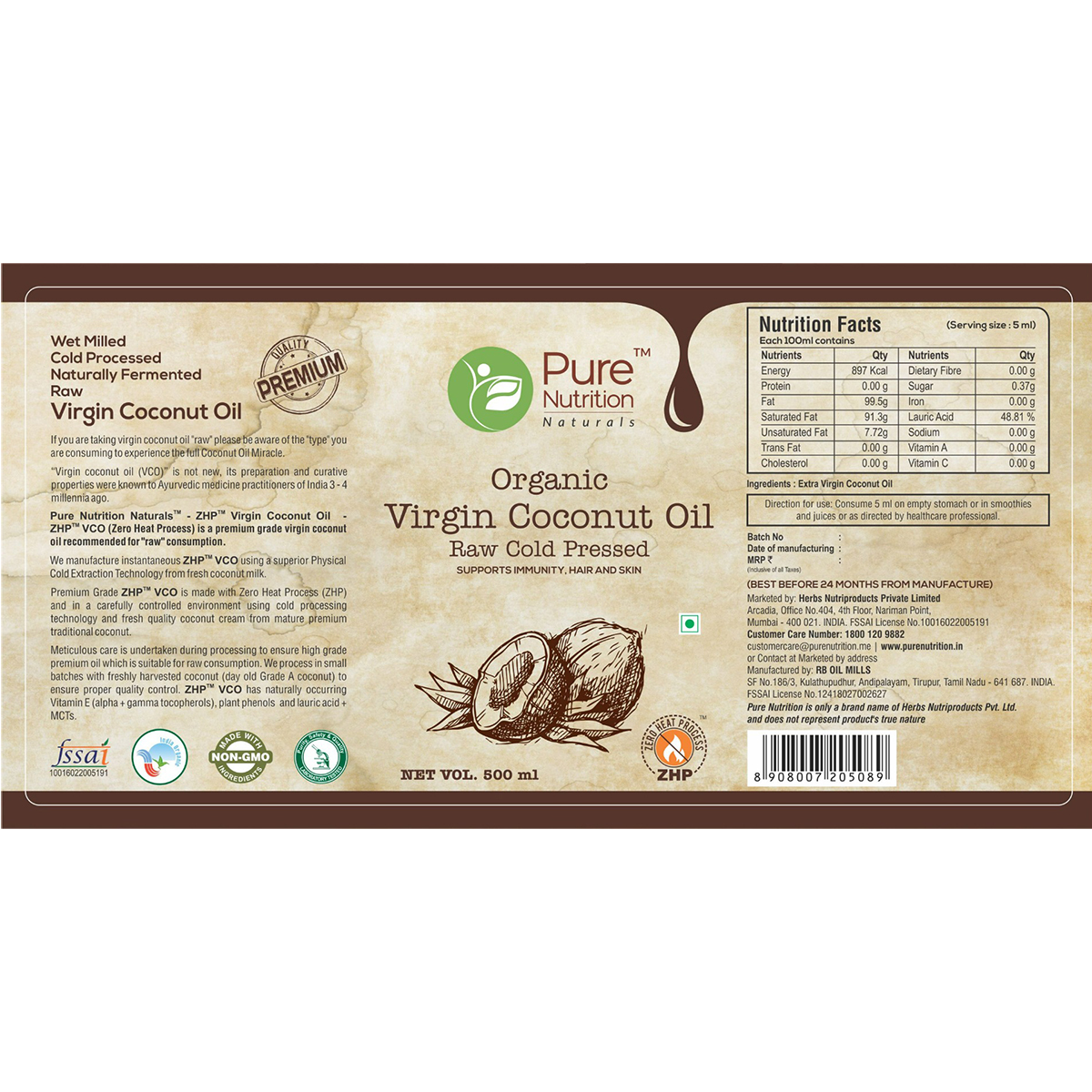 Pure Nutrition Organic Virgin Coconut Oil, 500 ml, Pack of 1 Pure Nutrition Organic Virgin Coconut Oil, 500 ml, Pack of 1