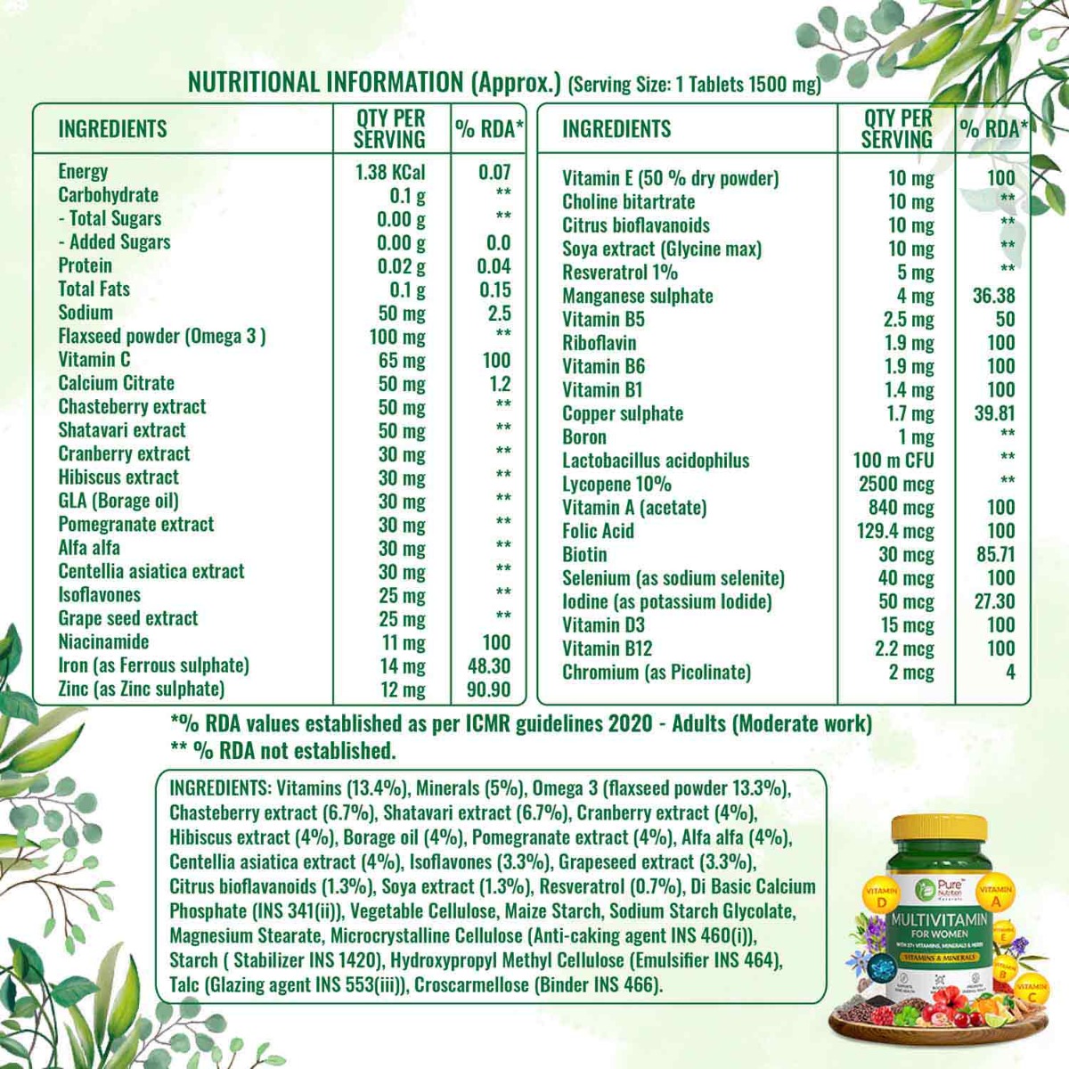 Pure Nutrition Multivitamin 1500 mg for Women, 30 Tablets, Pack of 1 Pure Nutrition Multivitamin 1500 mg for Women, 30 Tablets, Pack of 1