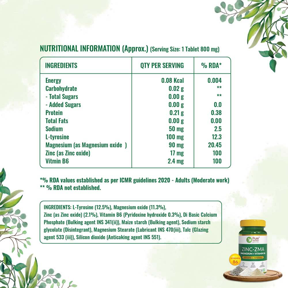 Pure Nutrition Zinc-ZMA 800 mg, 60 Tablets, Pack of 1 Pure Nutrition Zinc-ZMA 800 mg, 60 Tablets, Pack of 1