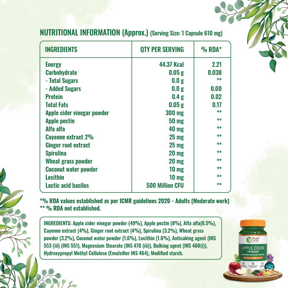 Pure Nutrition Apple Cider Vinegar 610 mg, 60 Capsules, Pack of 1 Pure Nutrition Apple Cider Vinegar 610 mg, 60 Capsules, Pack of 1