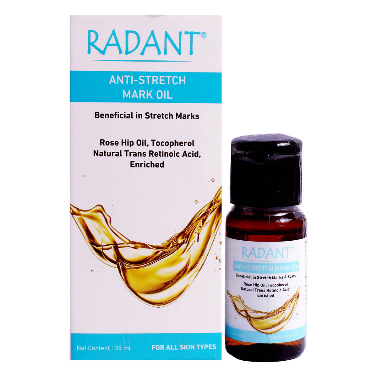 Radant Anti-Stretch Mark Oil 35 ml | Rosehip Oil, Tocopherol, Natural Trans Retinoic Acid | For Stretch Marks | For Both Men & Women | For All Skin Type, Pack of 1 Radant Anti-Stretch Mark Oil 35 ml | Rosehip Oil, Tocopherol, Natural Trans Retinoic Acid | For Stretch Marks | For Both Men & Women | For All Skin Type, Pack of 1