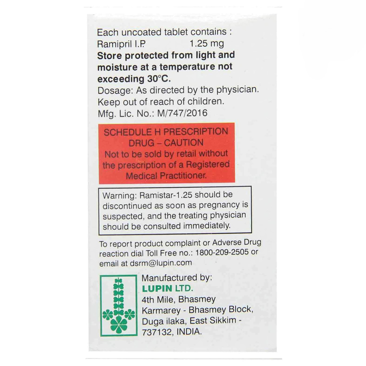 Ramistar 1.25 mg Tablet 15's, Pack of 15 TABLETS Ramistar 1.25 mg Tablet 15's, Pack of 15 TABLETS