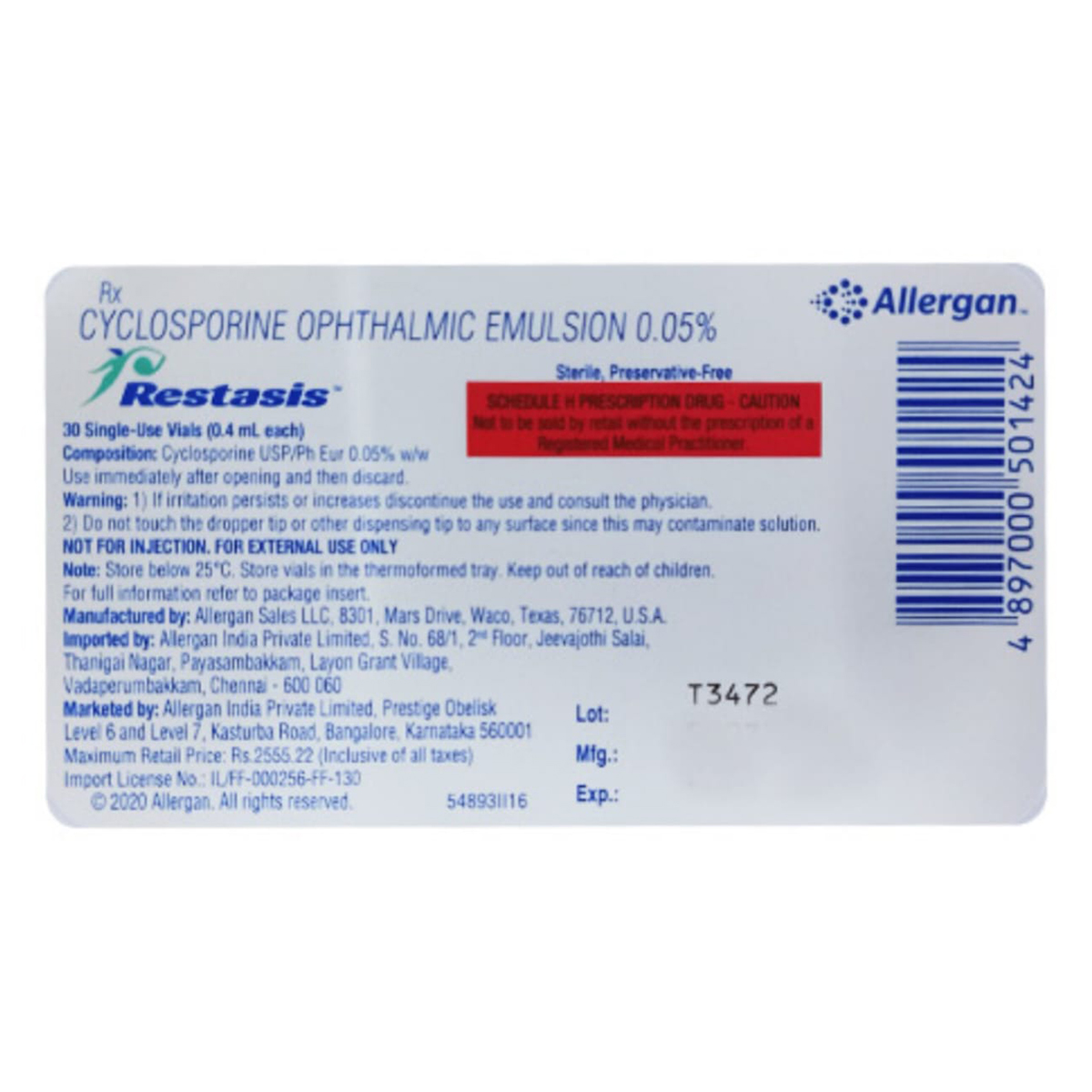 Restasis Ophthalmic Emulsion 30x0.4 ml, Pack of 1 EMULSION Restasis Ophthalmic Emulsion 30x0.4 ml, Pack of 1 EMULSION
