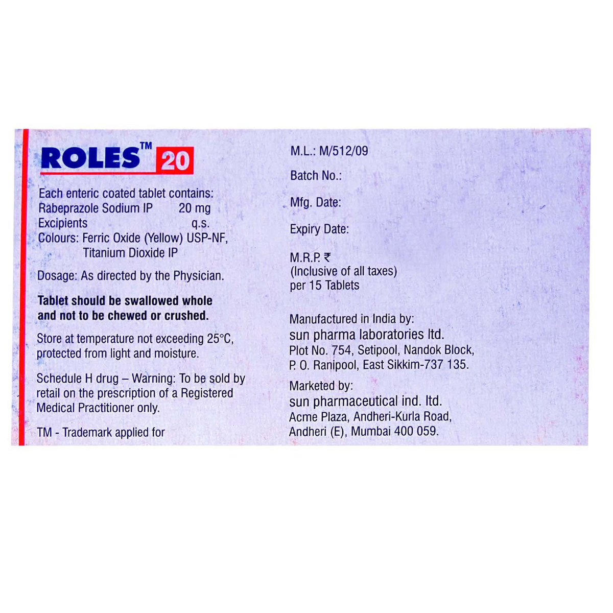 Roles 20 Tablet 15's, Pack of 15 TABLETS Roles 20 Tablet 15's, Pack of 15 TABLETS
