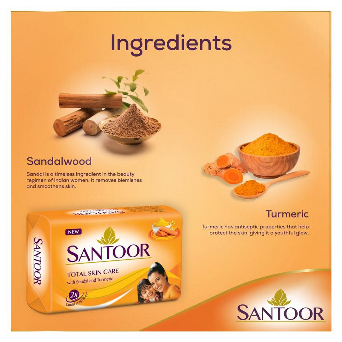 Santoor Total Skin Soap 100 gm | With Sandal & Turmeric | For Younger looking Skin | With 2X sandal Fragrance, Pack of 1 Santoor Total Skin Soap 100 gm | With Sandal & Turmeric | For Younger looking Skin | With 2X sandal Fragrance, Pack of 1
