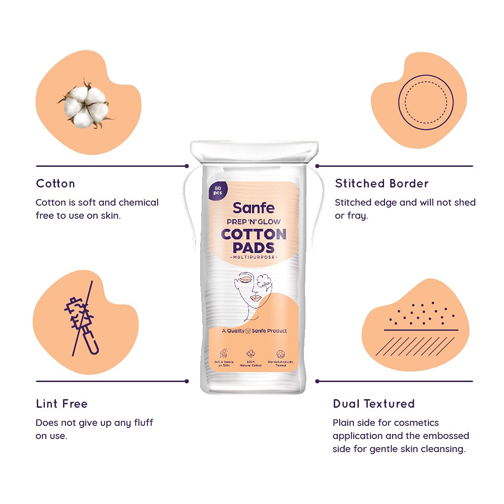 Sanfe Prep 'N' Glow Cotton Pads, 80 Count | 100% Natural Cotton | For Gentle Skin Cleansing | Multipurposes | Safe And Gentle On Skin, Pack of 1 Sanfe Prep 'N' Glow Cotton Pads, 80 Count | 100% Natural Cotton | For Gentle Skin Cleansing | Multipurposes | Safe And Gentle On Skin, Pack of 1