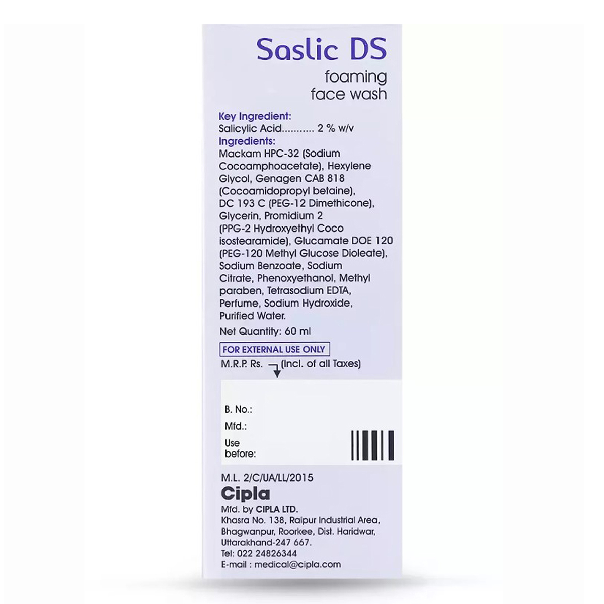 Cipla Saslic DS Foaming Face Wash 60 ml | Salicylic Acid | pH 5.5 | Gentle Cleansing | For Oily & Pimple Prone Skin, Pack of 1 Cipla Saslic DS Foaming Face Wash 60 ml | Salicylic Acid | pH 5.5 | Gentle Cleansing | For Oily & Pimple Prone Skin, Pack of 1
