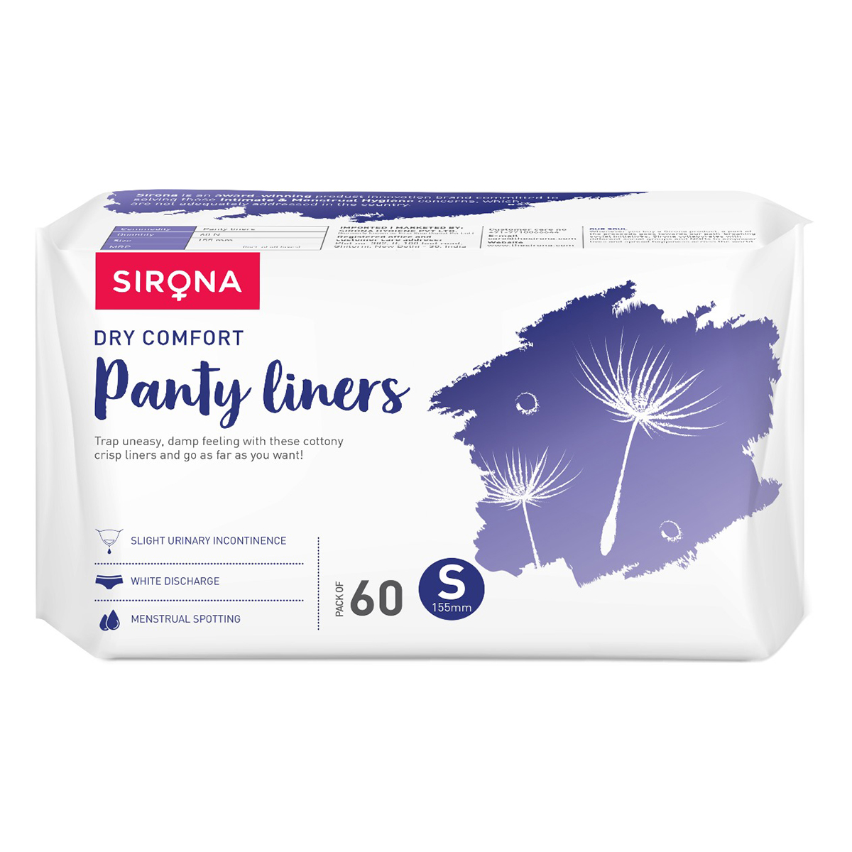 Sirona Dry Comfort Panty Liners Small, 60 Count, Pack of 1 Sirona Dry Comfort Panty Liners Small, 60 Count, Pack of 1