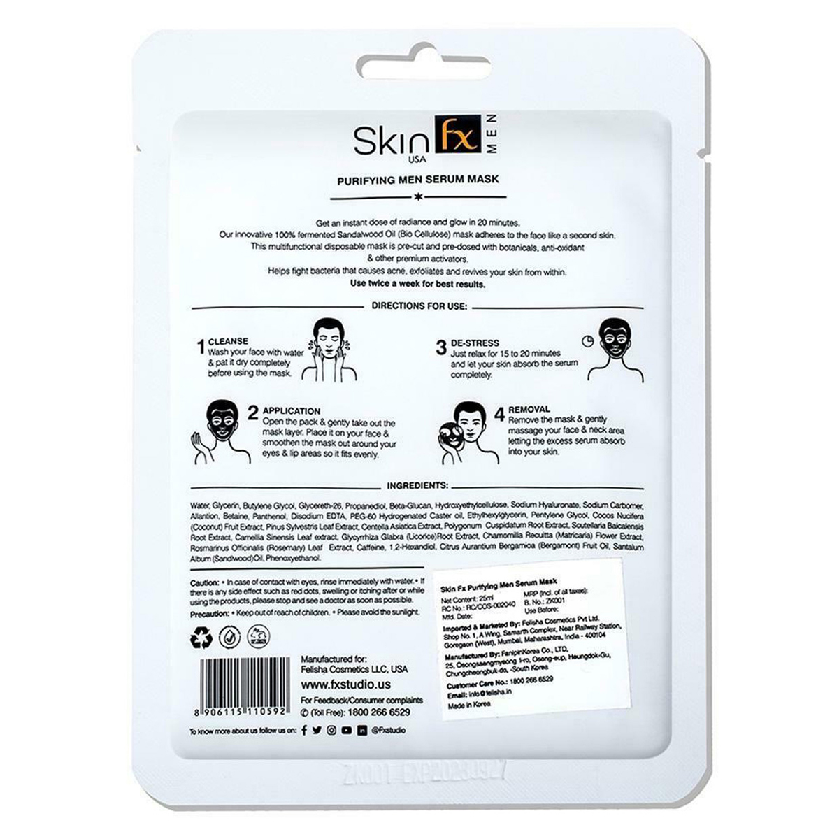 Skin Fx Purifying Men Serum Mask 25 ml | Citrus Aurantium, Bergamia Fruit & Sandalwood Oil | Instant Hydration | Nourishes & Re-enrgies Dull & Tired Skin | For Men | For All Skin Type, Pack of 1 Skin Fx Purifying Men Serum Mask 25 ml | Citrus Aurantium, Bergamia Fruit & Sandalwood Oil | Instant Hydration | Nourishes & Re-enrgies Dull & Tired Skin | For Men | For All Skin Type, Pack of 1