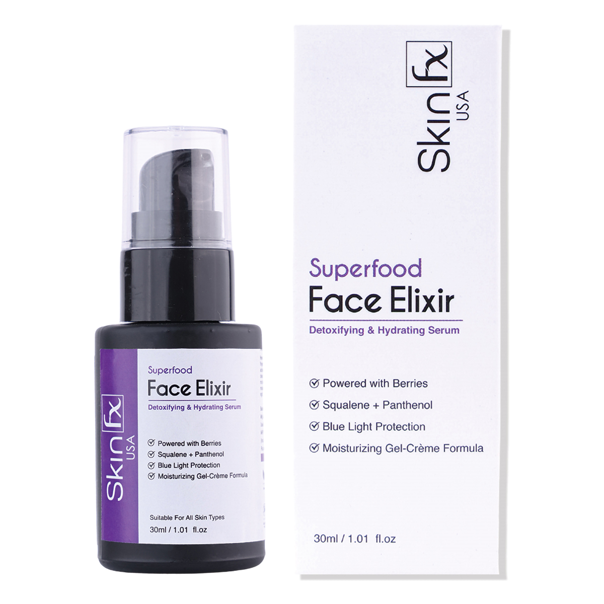 Skin Fx Face Elixir Detoxifying & Hydrating Serum 30 ml | Berries, Squalane & Panthenol | 72 Hr Moisturization | Blue Light Protection | Gel-Crème Formula | For All Skin Type, Pack of 1 Skin Fx Face Elixir Detoxifying & Hydrating Serum 30 ml | Berries, Squalane & Panthenol | 72 Hr Moisturization | Blue Light Protection | Gel-Crème Formula | For All Skin Type, Pack of 1
