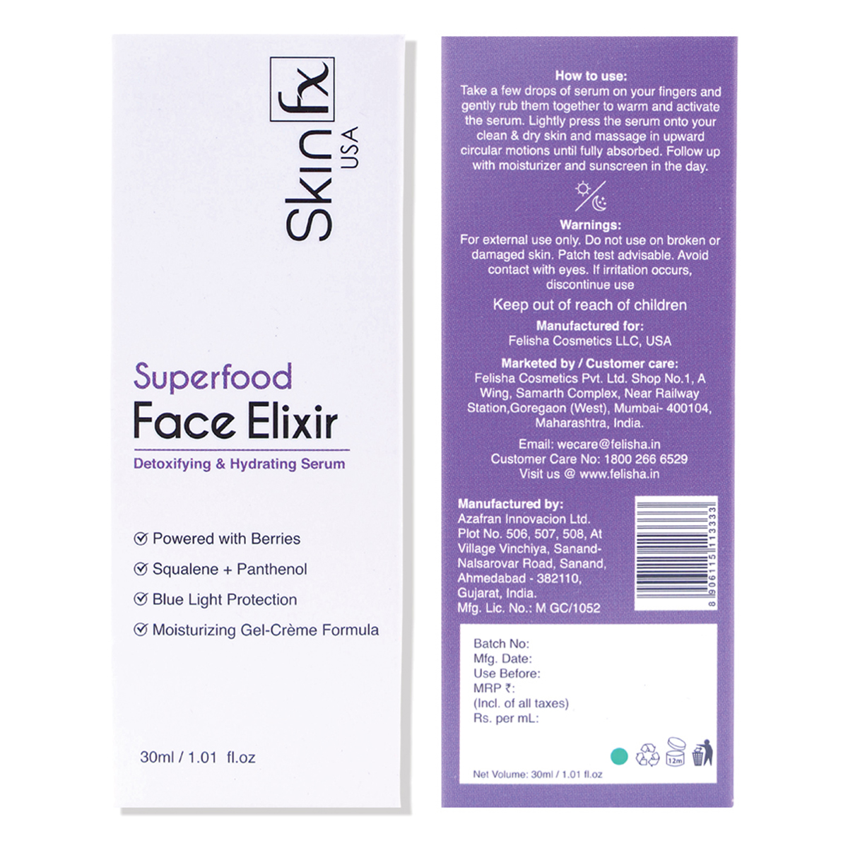 Skin Fx Face Elixir Detoxifying & Hydrating Serum 30 ml | Berries, Squalane & Panthenol | 72 Hr Moisturization | Blue Light Protection | Gel-Crème Formula | For All Skin Type, Pack of 1 Skin Fx Face Elixir Detoxifying & Hydrating Serum 30 ml | Berries, Squalane & Panthenol | 72 Hr Moisturization | Blue Light Protection | Gel-Crème Formula | For All Skin Type, Pack of 1