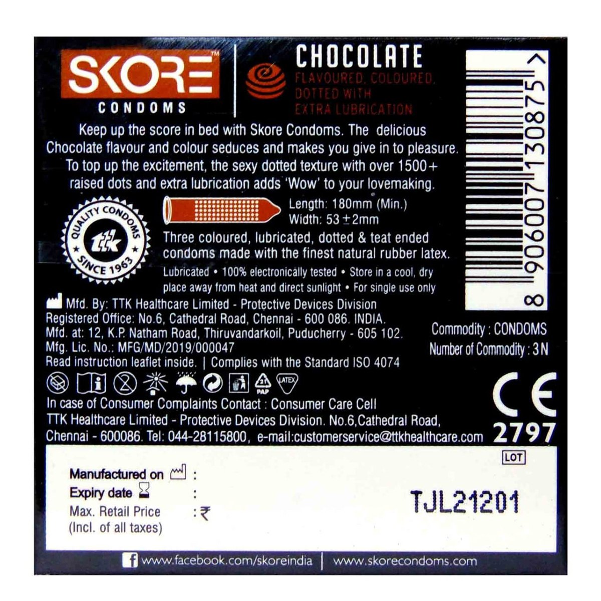 Skore Chocolate Flavour Condoms, 3 Count, Pack of 1 Skore Chocolate Flavour Condoms, 3 Count, Pack of 1