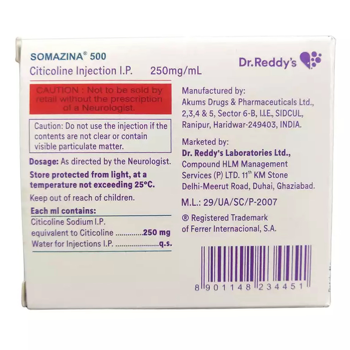 Somazina 500 mg Injection 2 ml, Pack of 1 Injection Somazina 500 mg Injection 2 ml, Pack of 1 Injection